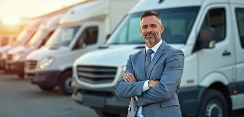 Proud man in front of a fleet of vans