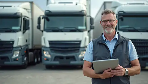 Man with clipboard in front of a fleet of trucks