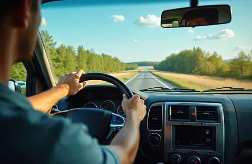 Man driving in the country on a sunny day