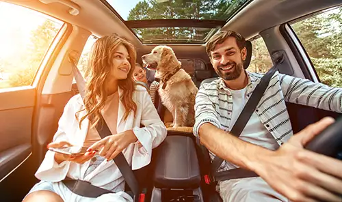 Young family with dog driving