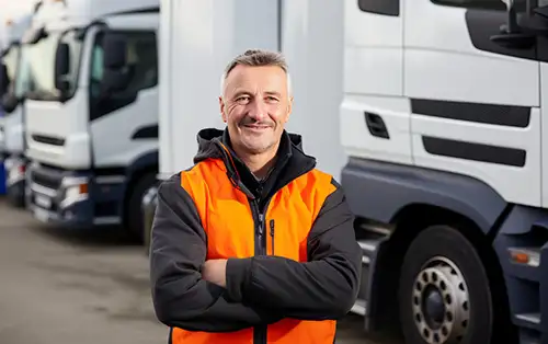 Truck yard with man wearing an orange visibility jacket