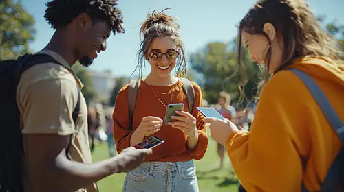 Three friends checking their mobiles outside their college campus